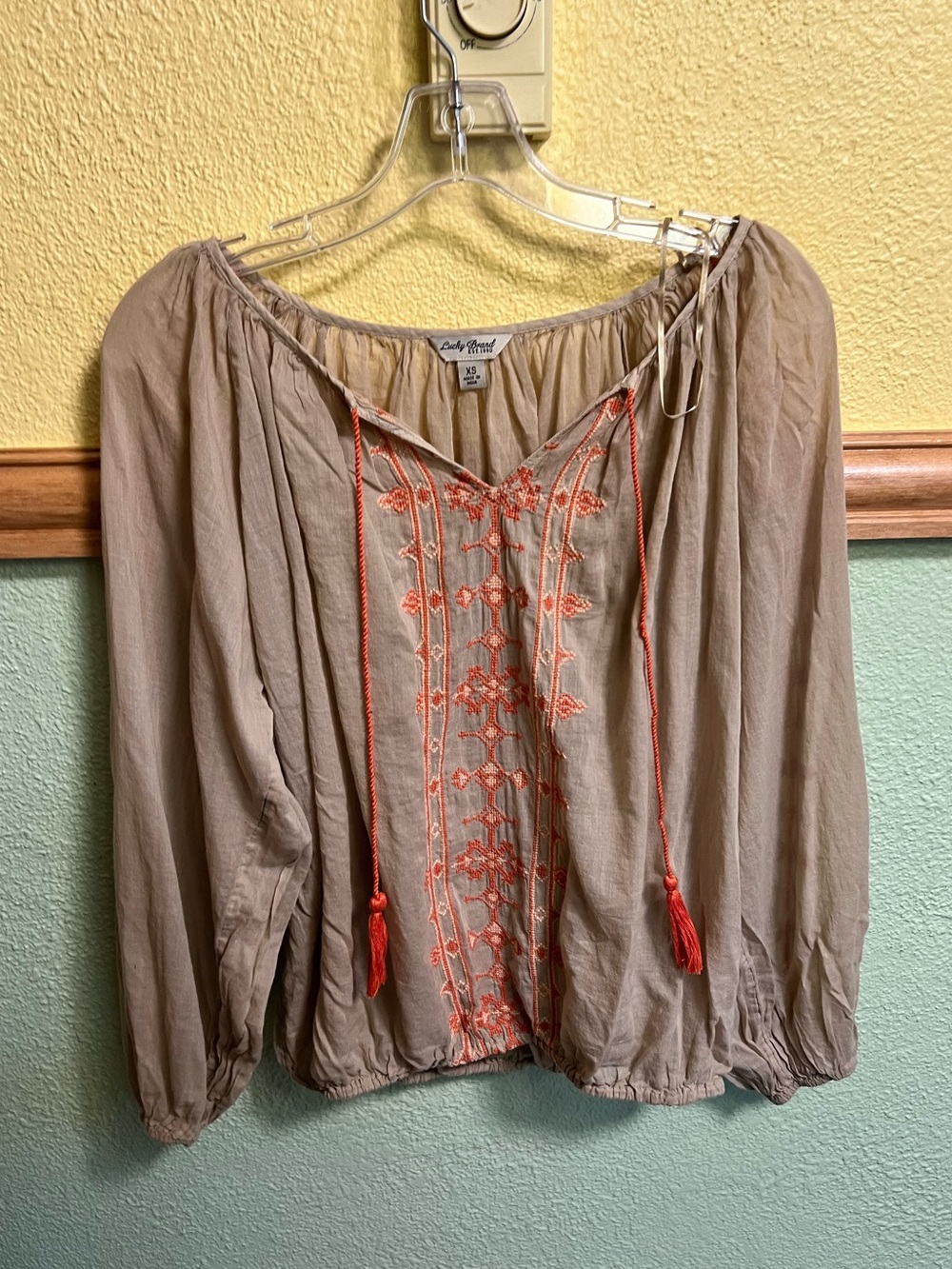 Lucky Brand Y2K Boho Embroidered Blouse – Orange Floral + Tassels XS
